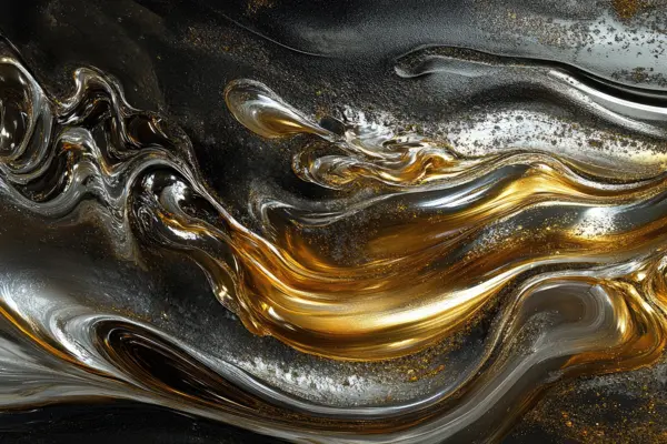 Swirling black and gold abstract texture, representing a multiphase mixture, reminiscent of crude oil, gas, and sand.