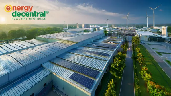 Showcasing solar panels and wind turbines, highlighting sustainable energy solutions.