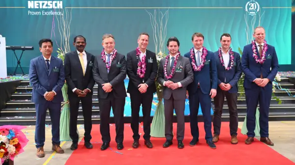NETZSCH executives and guests celebrate the inauguration of the new Goa production facility for advanced pump technologies.