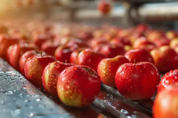 Pommes rouges fraîches sur un tapis roulant, scintillantes de gouttelettes d'eau, soulignant leur préparation pour une production de jus efficace.