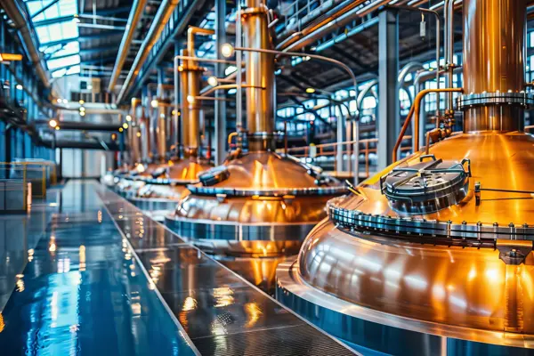 Cuves de brassage en cuivre brillant dans une brasserie moderne avec des tuyaux industriels, des éclairages et des sols polis mettant en valeur la production avancée de bière.