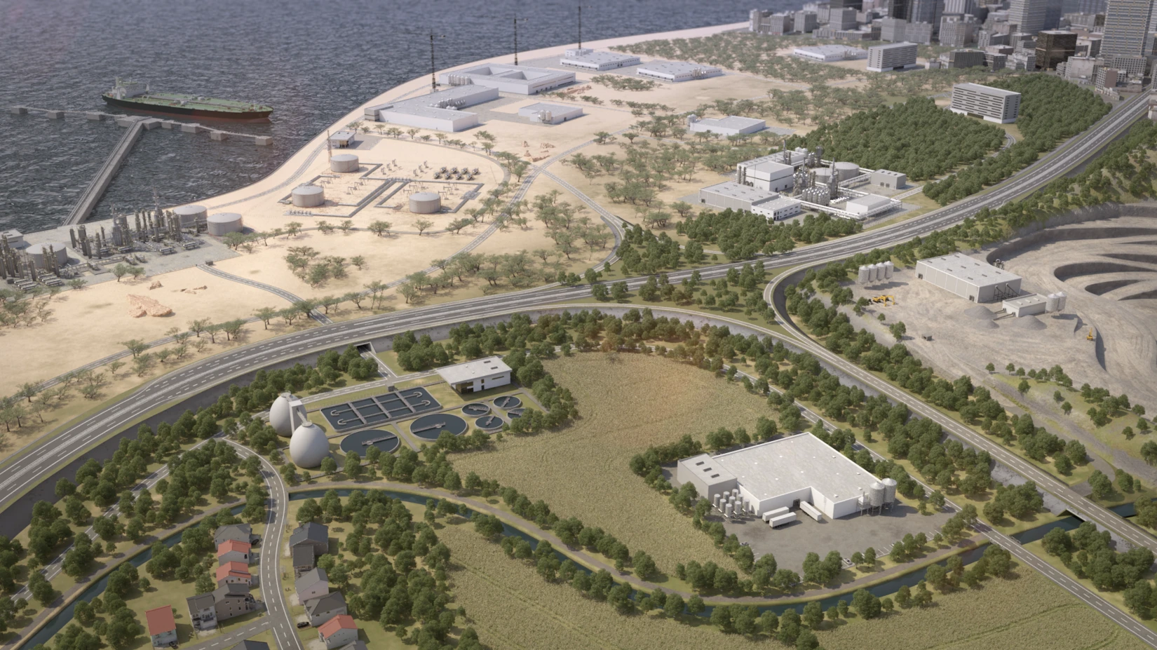 Aerial view of a coastal industrial area with buildings, a highway, and water management facilities surrounded by green spaces.