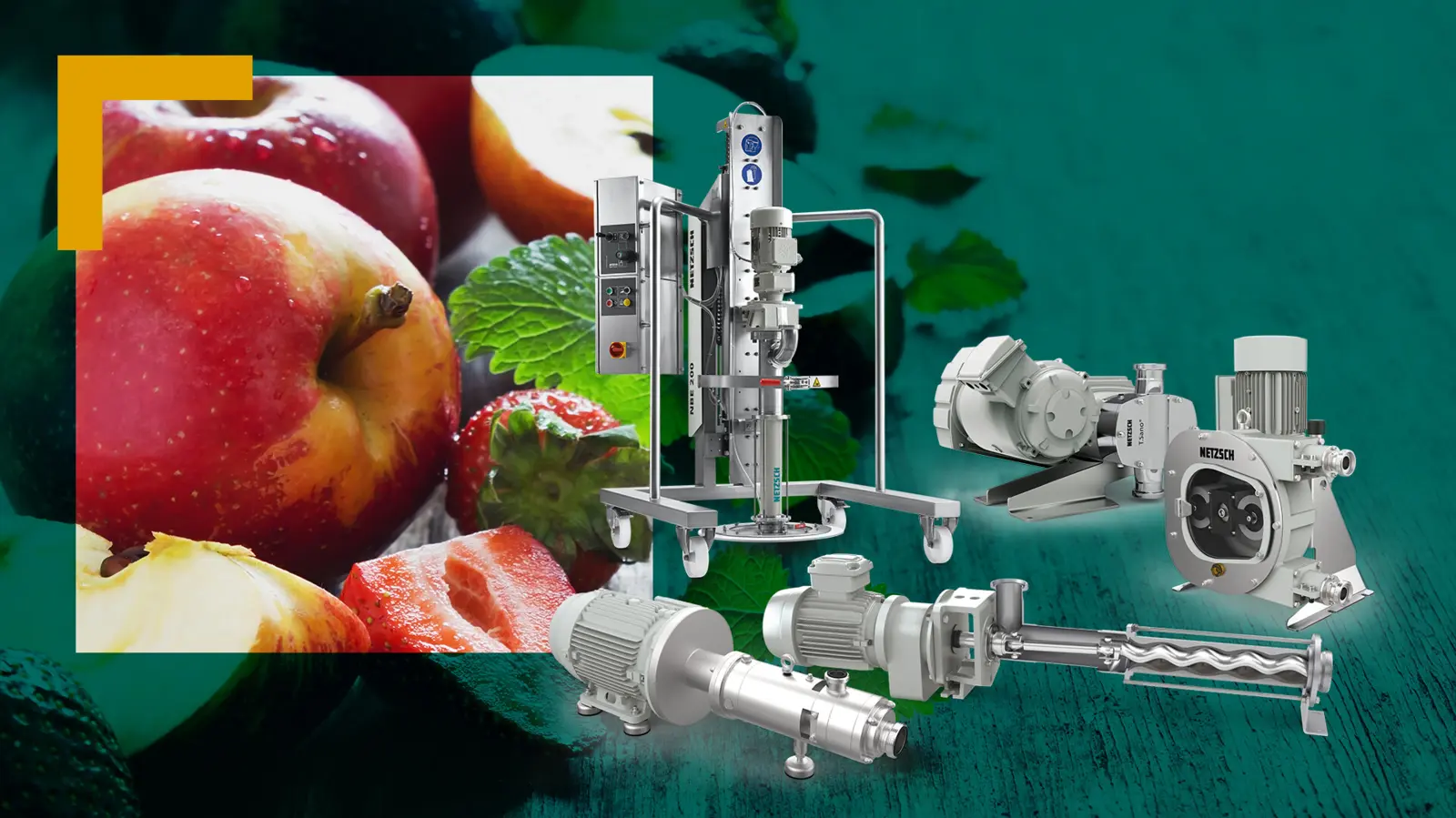 NETZSCH food pumps displayed with fresh apples and strawberries, highlighting efficient food processing solutions.