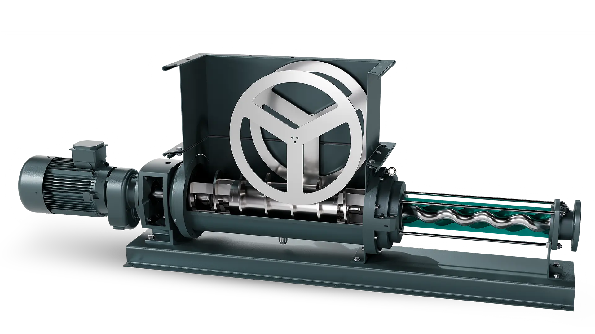 Industrial screw pump featuring a motorized unit and a helical rotor, ideal for fluid transfer applications.