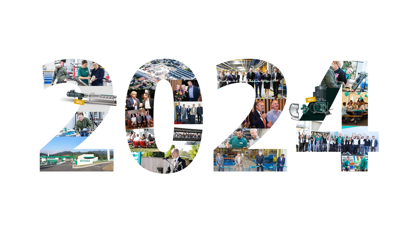 Zahl 2024 aus Collage mit Ereignissen und Meilensteinen von NETZSCH Pumpen & Systeme, symbolisiert Innovation und Teamarbeit.