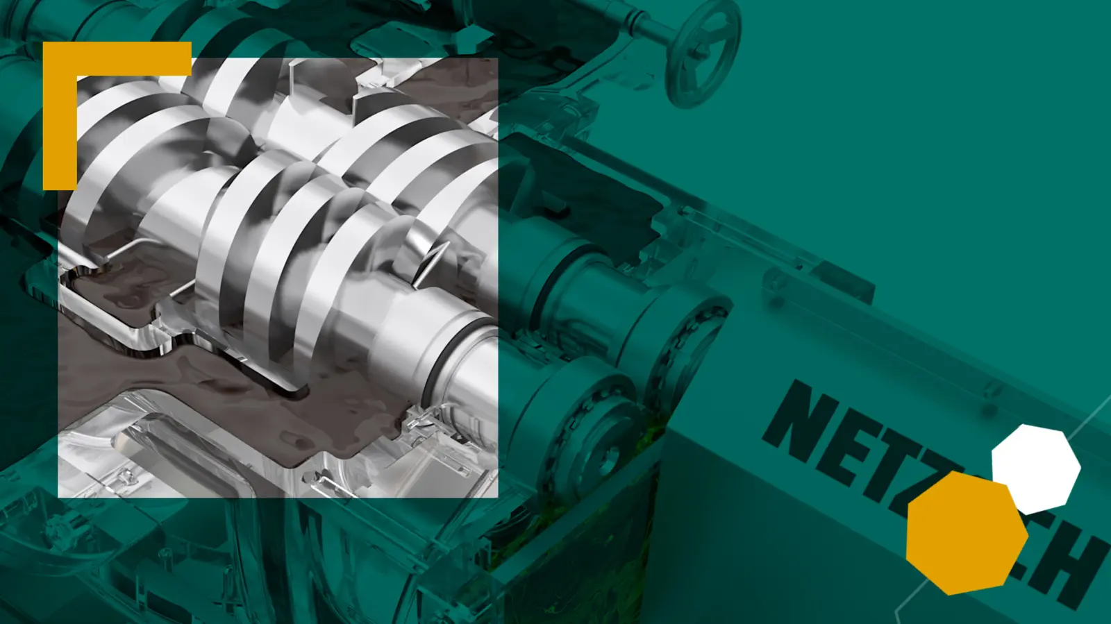 Close-up of NETZSCH multi screw pump showing intermeshing screws for smooth, high-pressure industrial fluid transfer.