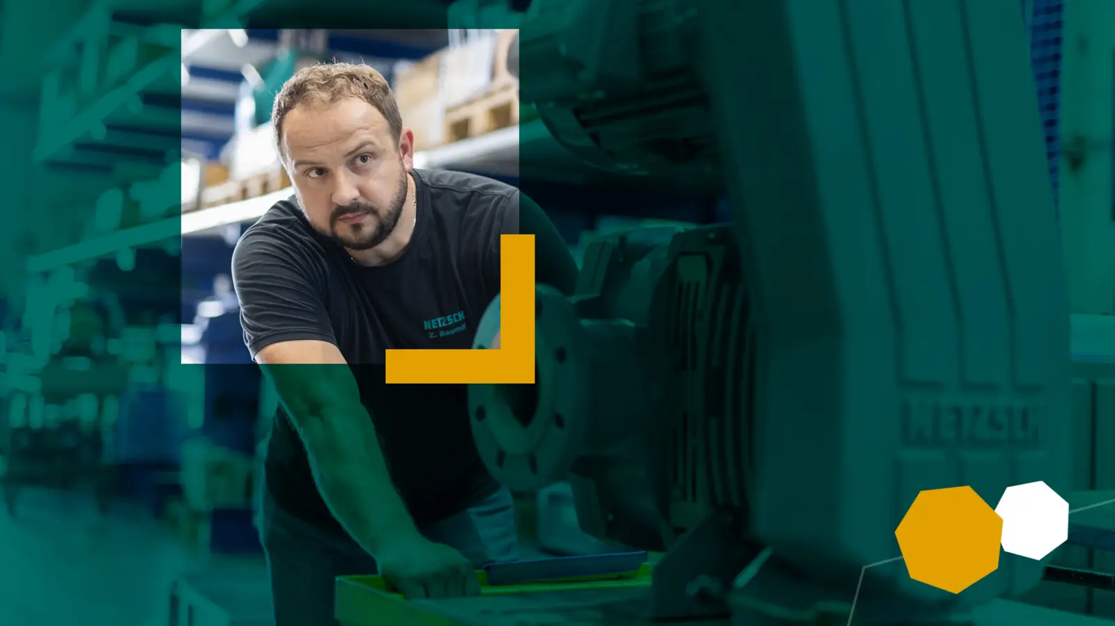 A technician inspects a NETZSCH pump in a logistics center, highlighting the importance of original spare parts for optimal performance.