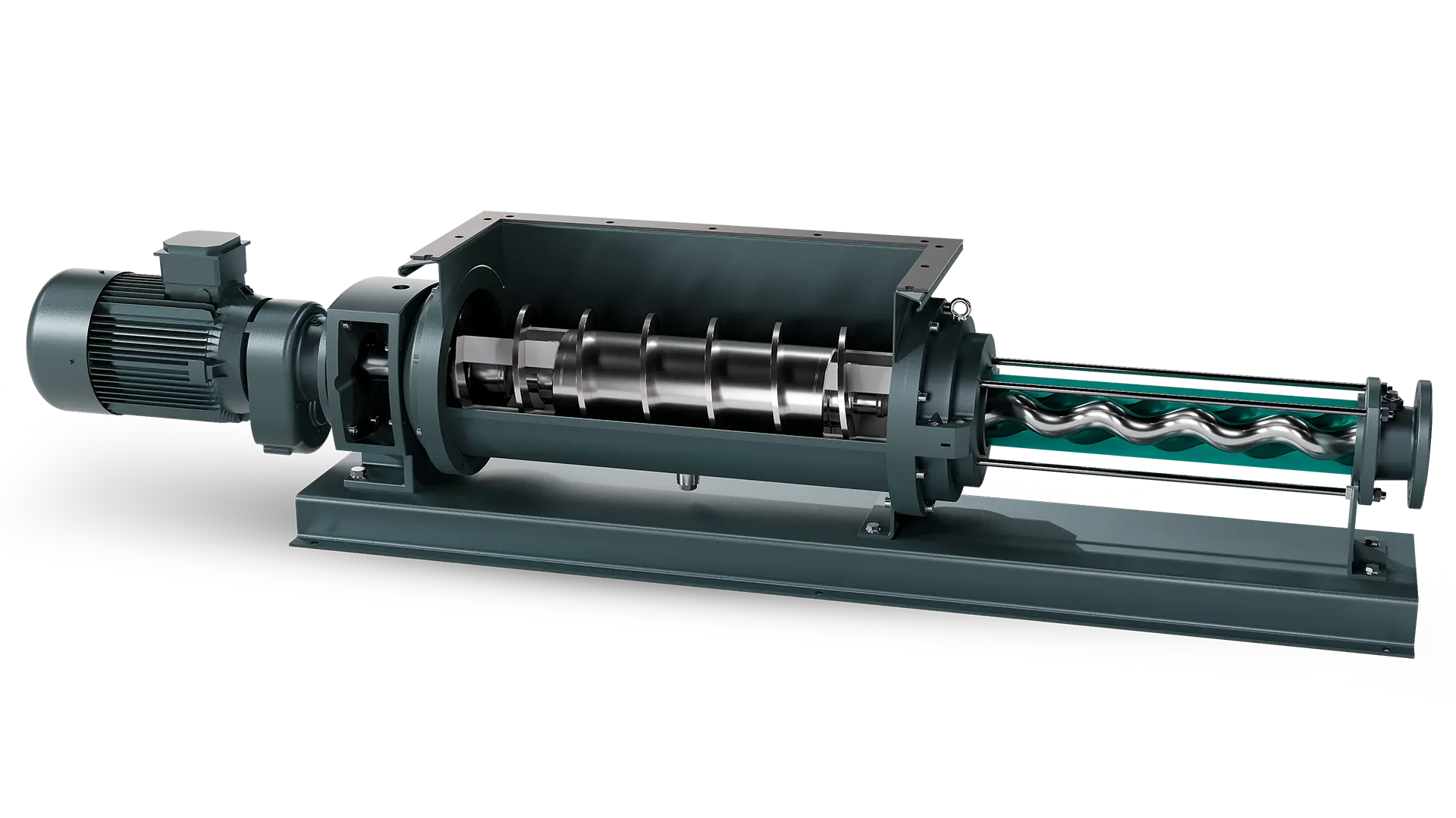 Vertical screw pump with an electric motor, showcasing its robust design and internal spiral mechanism for fluid transport.