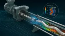 Exzenterschneckenpumpe von NETZSCH mit Farbvisualisierung der Scherrate zur Analyse komplexer, scherempfindlicher Medienflussdynamik.