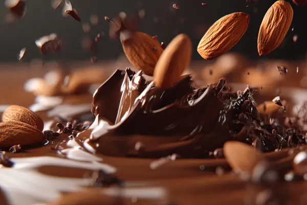O chocolate amargo rico e brilhante salpica em torno das amêndoas espalhadas, destacando a textura e a riqueza das misturas de chocolate com amêndoas.
