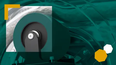 Close-up of peristaltic pump hose and roller mechanism in industrial fluid conveying system by NETZSCH.