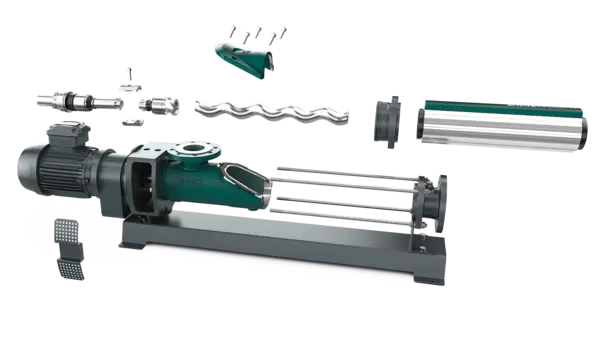 Exploded view of NETZSCH progressing cavity pump showing rotor, stator, motor, and key components for industrial fluid handling.