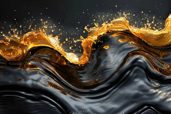 Golden mineral oil waves splash against a dark background, illustrating fluid dynamics critical for polymer production.