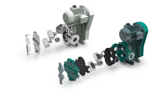 Wear-resistant TORNADO® T.Proc® rotary lobe pump split design showcasing all-metal and metal-elastomer options for chemical applications.