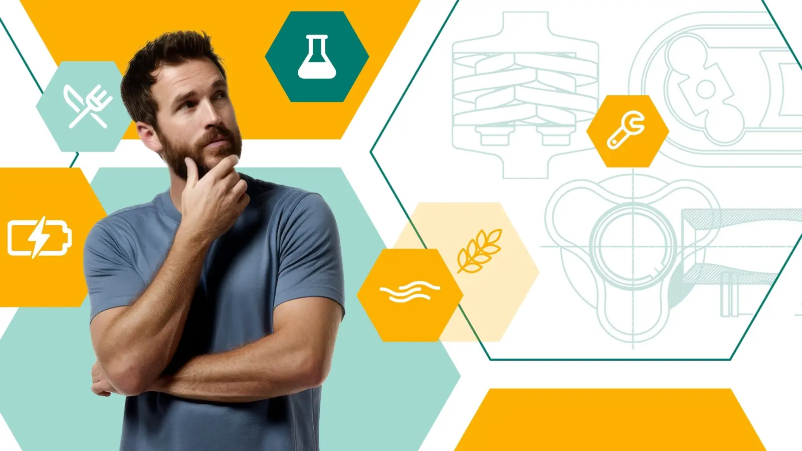 Un homme réfléchi examine les options de sélection des pompes, entouré d'icônes représentant diverses industries et applications.
