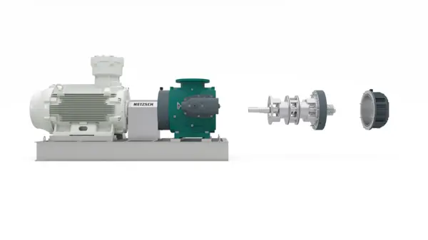 NOTOS® 4NS twin screw pump showcases a disassembled view, highlighting its robust design for high-flow, low-turbulence applications.