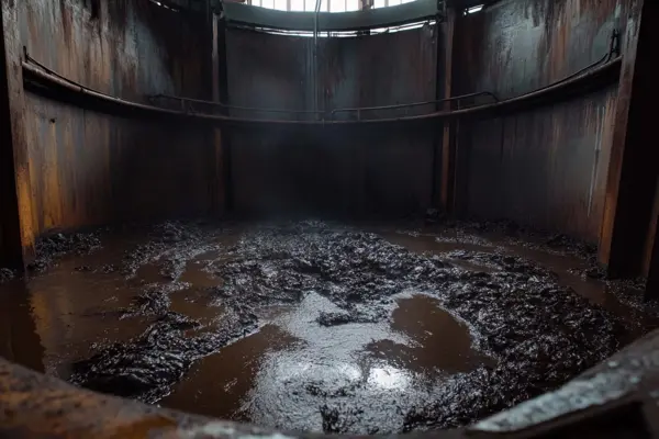 Dense sewage sludge fills a large industrial tank, showcasing the challenges of waste management in municipal treatment facilities.