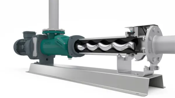 Bomba de desplazamiento positivo de NETZSCH, diseñada para aplicaciones industriales con un motor robusto y un rotor de aluminio eficiente.