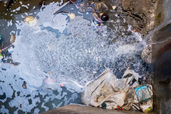Wastewater with impurities, showing foam and debris, illustrating the challenges of pumping in sanitation systems.