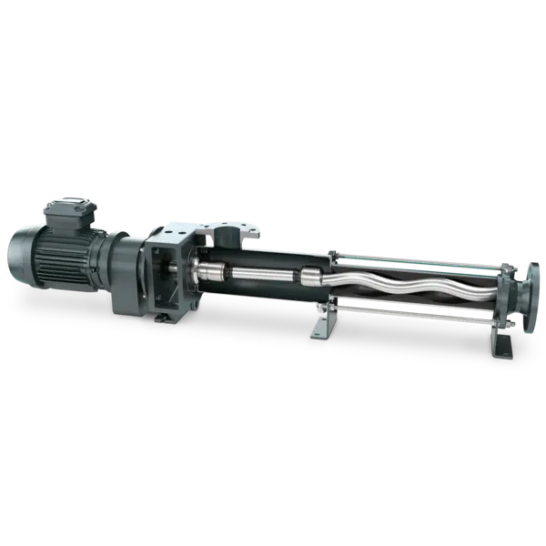 NEMO® progressing cavity pump by NETZSCH with cutaway view, showing rotor-stator design for high-viscosity, solids-laden media conveyance.