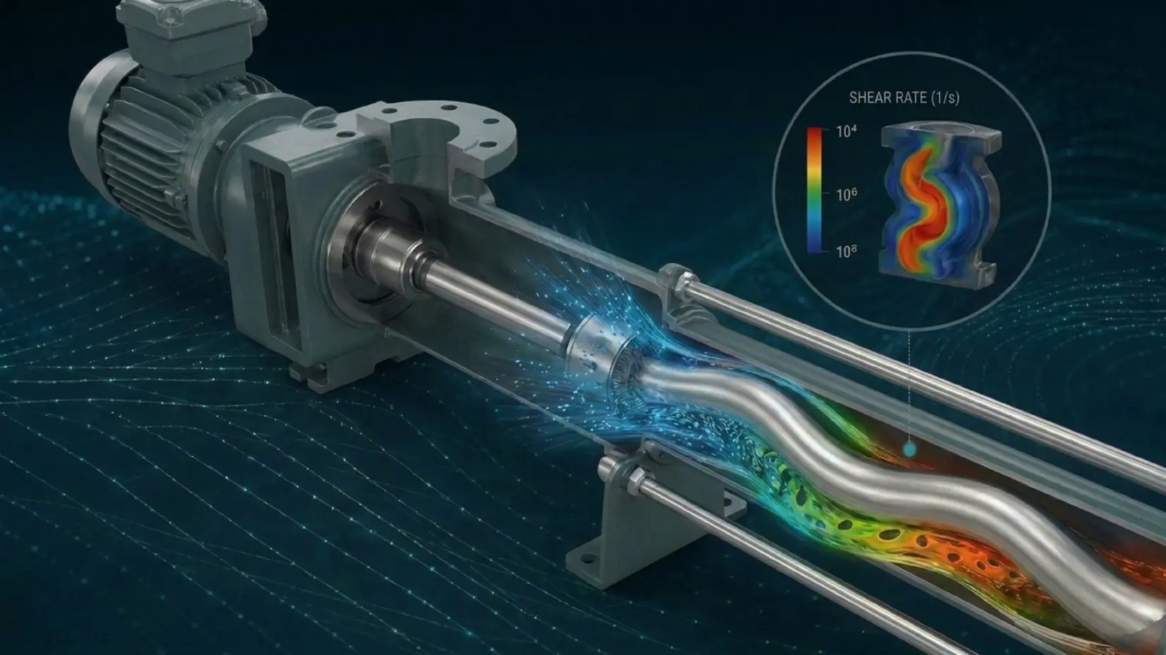 Cutaway of a NETZSCH progressing cavity pump showing fluid flow and shear rate simulation inside the rotor-stator mechanism.