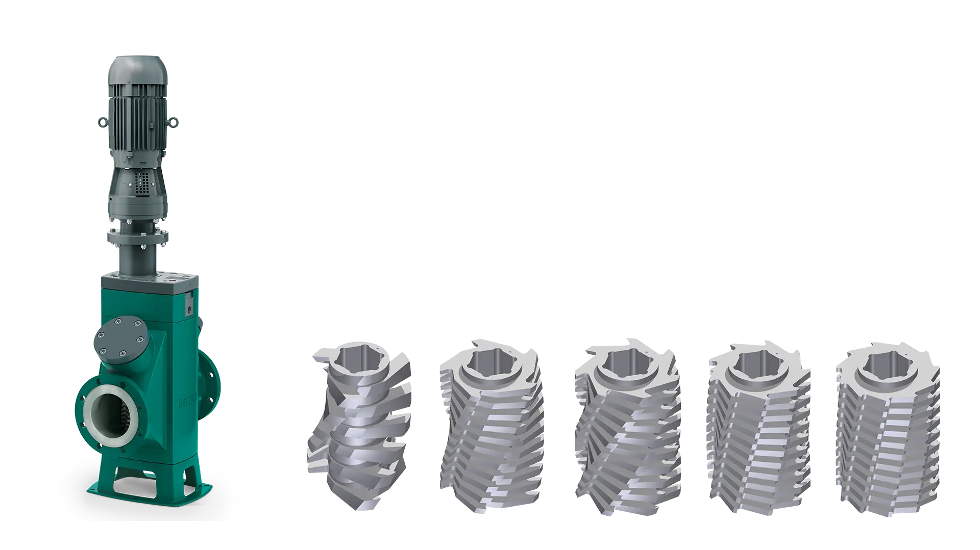 Vertical pump and four screw impeller designs, showcasing innovative pump technology for efficient fluid movement.