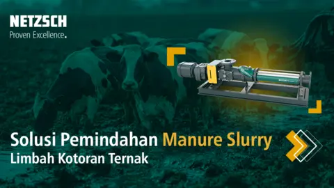Pompa Progressing Cavity NETZSCH NEMO® untuk transfer slurry kotoran cair peternakan dengan aliran stabil dan tahan sumbatan.