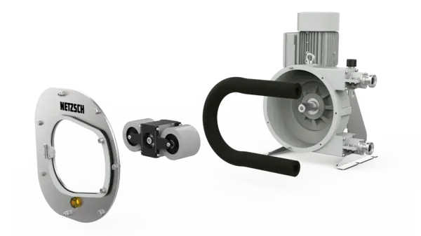 Hygienic NETZSCH hose pump components displayed, featuring a pump head, pressure rollers, and a flexible hose for food applications.