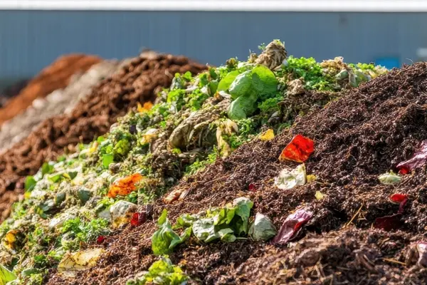 Colorful biomass pile featuring decaying vegetables and organic waste, highlighting compost materials for biogas production.