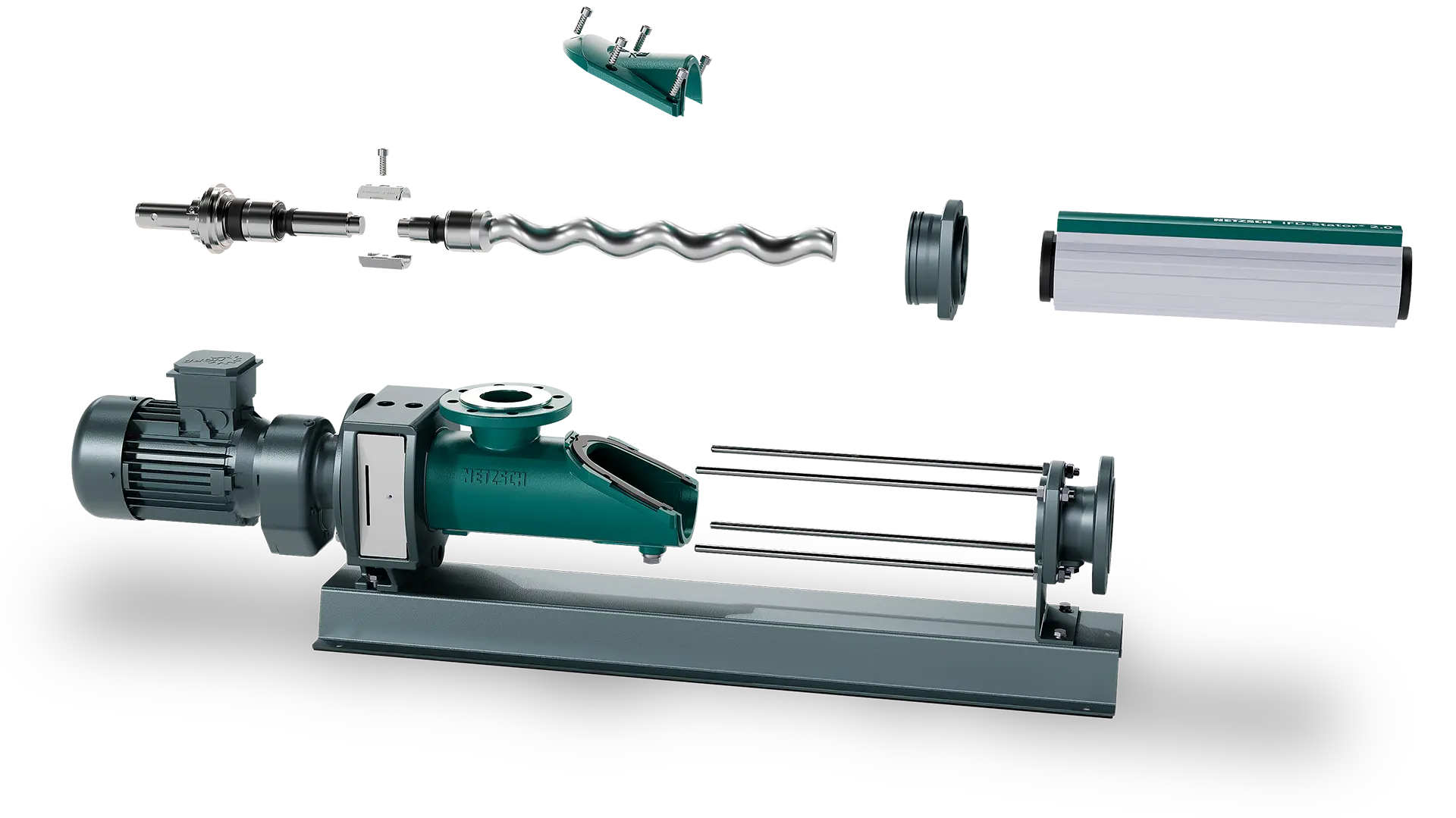 Exploded view of a pump assembly showcasing its motor, components, and design for efficient fluid transfer in industrial applications.