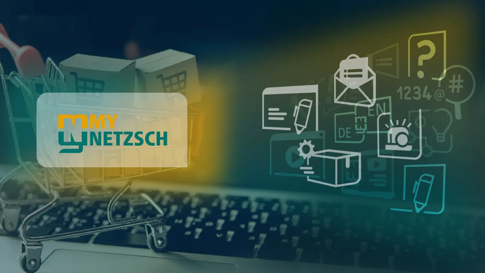 MyNETZSCH digital customer portal interface with shopping cart and icons for spare parts, documents, and technical support access.