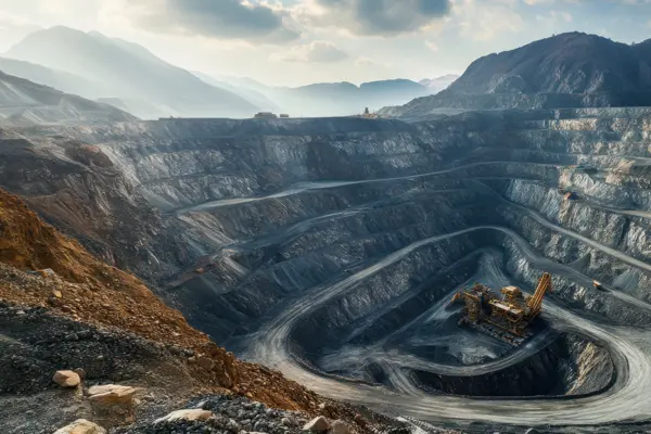 Open-pit silver mine with heavy excavation machinery extracting ore for processing and high solids silver mud pumping solutions.