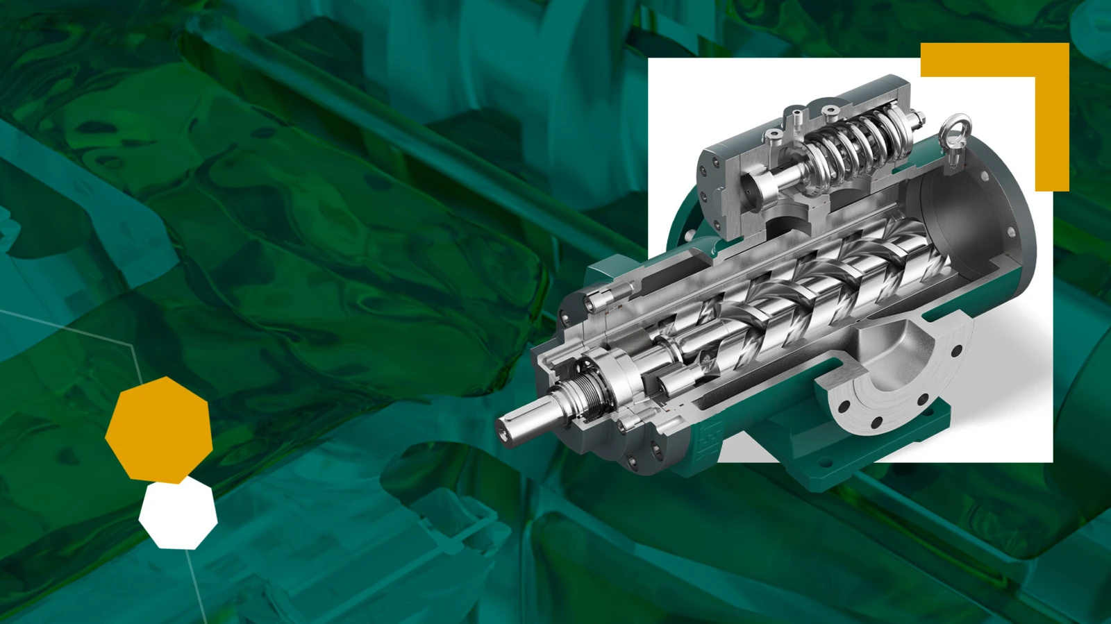 Doorsnede van een NETZSCH NOTOS® schroefspindelpomp met de nadruk op het robuuste ontwerp voor het efficiënt verpompen van vloeistoffen in diverse industrieën.