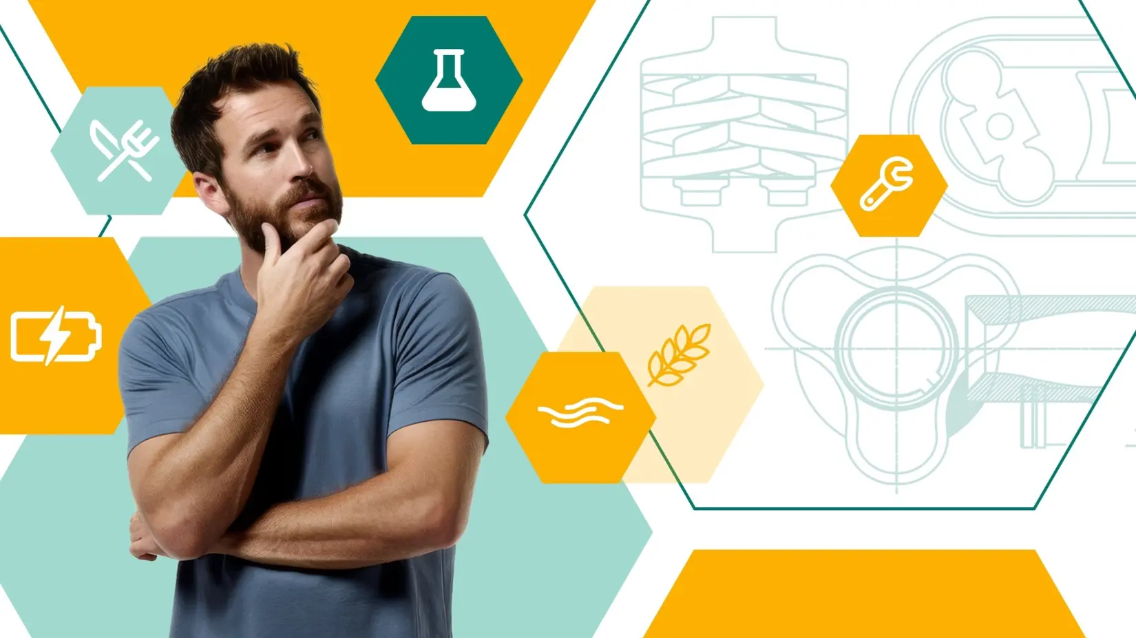 Mann mit nachdenklicher Miene vor grafischen Darstellungen von Pumpen und Anwendungsszenarien, symbolisiert Pumpenauswahl.