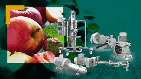 Các máy bơm thực phẩm NETZSCH được trưng bày cùng với táo và dâu tây tươi, nhằm giới thiệu các giải pháp chế biến thực phẩm hiệu quả.