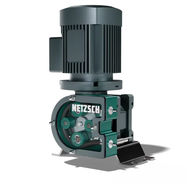 PERIPRO® pompa peristaltica compatto NETZSCH con rulli interni a vista, progettato per il dosaggio preciso di sostanze chimiche corrosive come l’ipoclorito di sodio.