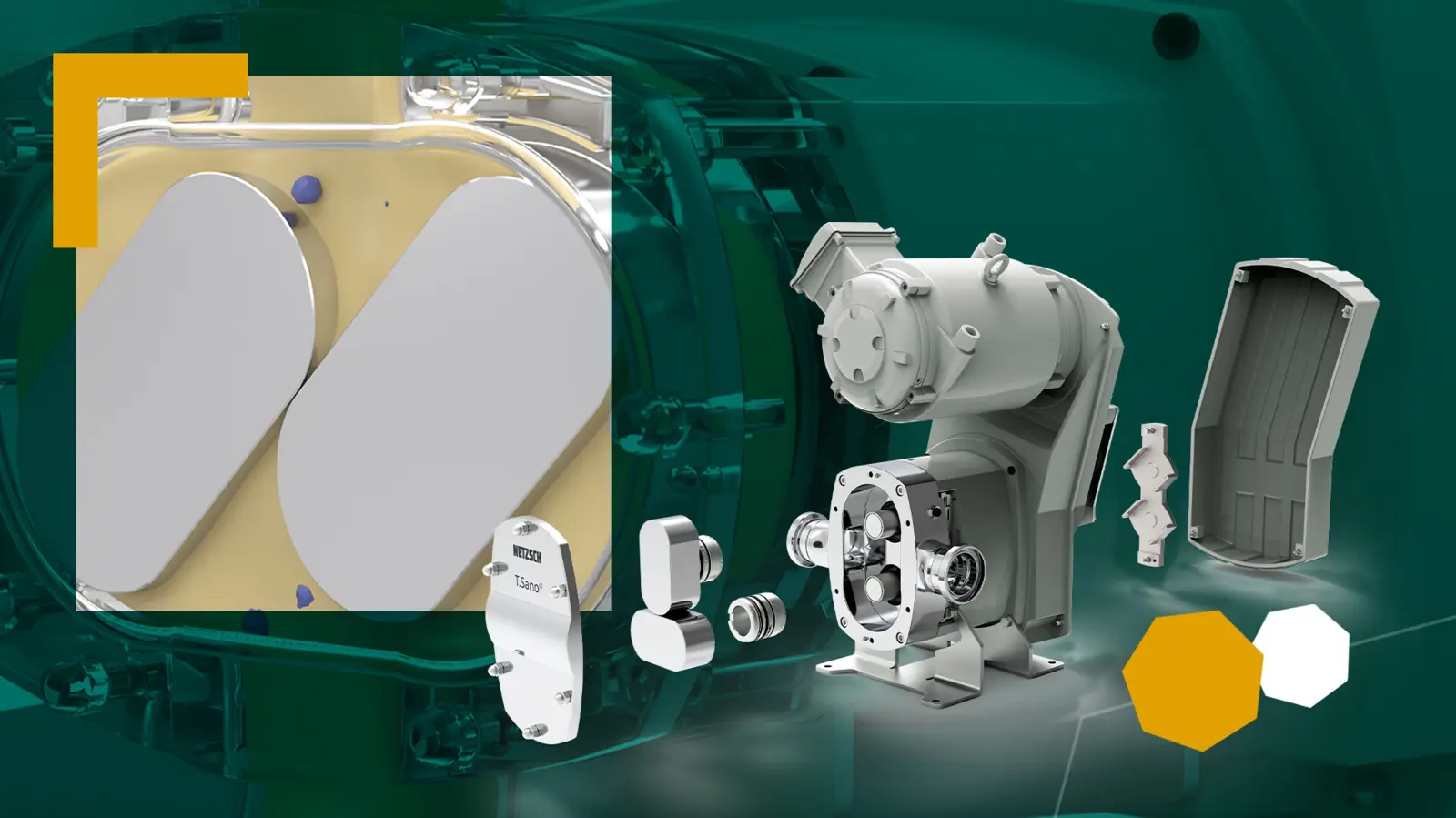 Componenti per pompe a lobi destinate alla lavorazione igienica degli alimenti, caratterizzati da un design efficiente e da una facile manutenzione, realizzati da NETZSCH.