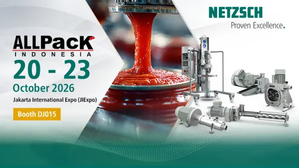 Teknologi pompa NETZSCH untuk industri makanan, minuman, farmasi, dan kosmetik di ALLPACK Indonesia 2026, JIExpo Jakarta.