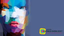 Colorful polygonal human face artwork with European Coatings Show 2027 logo for paints, adhesives, and construction chemicals event in Nuremberg.